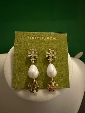 Tory Burch Gold Pave and White Pearl Drop Logo Earrings